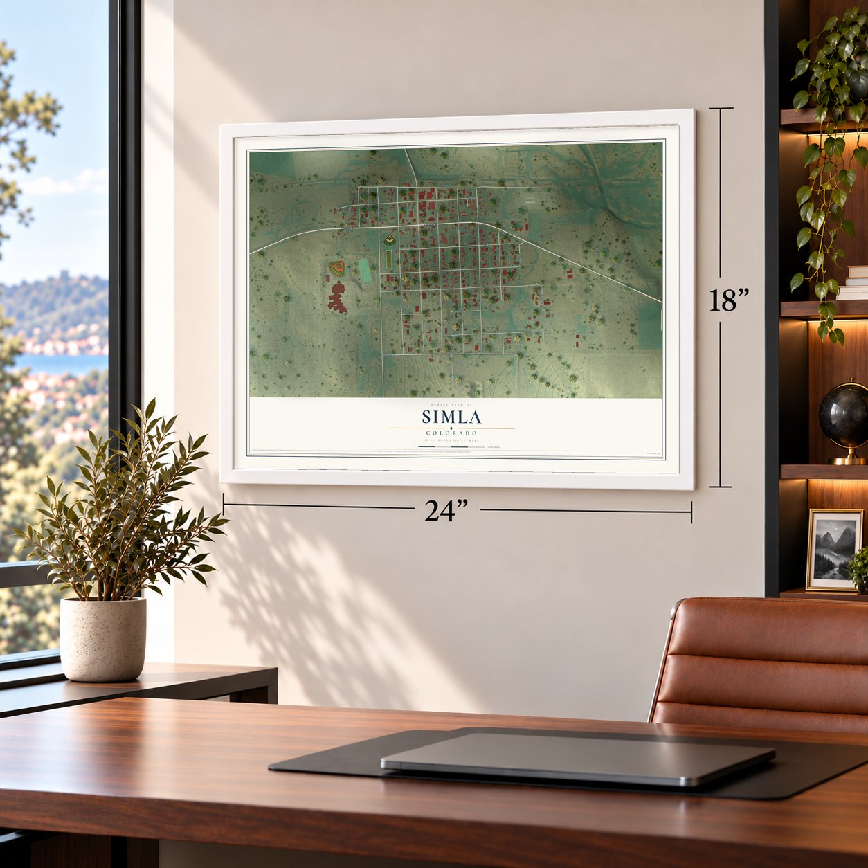 Simla, Colorado map, 18 x 24 inch print in a white frame in a home office