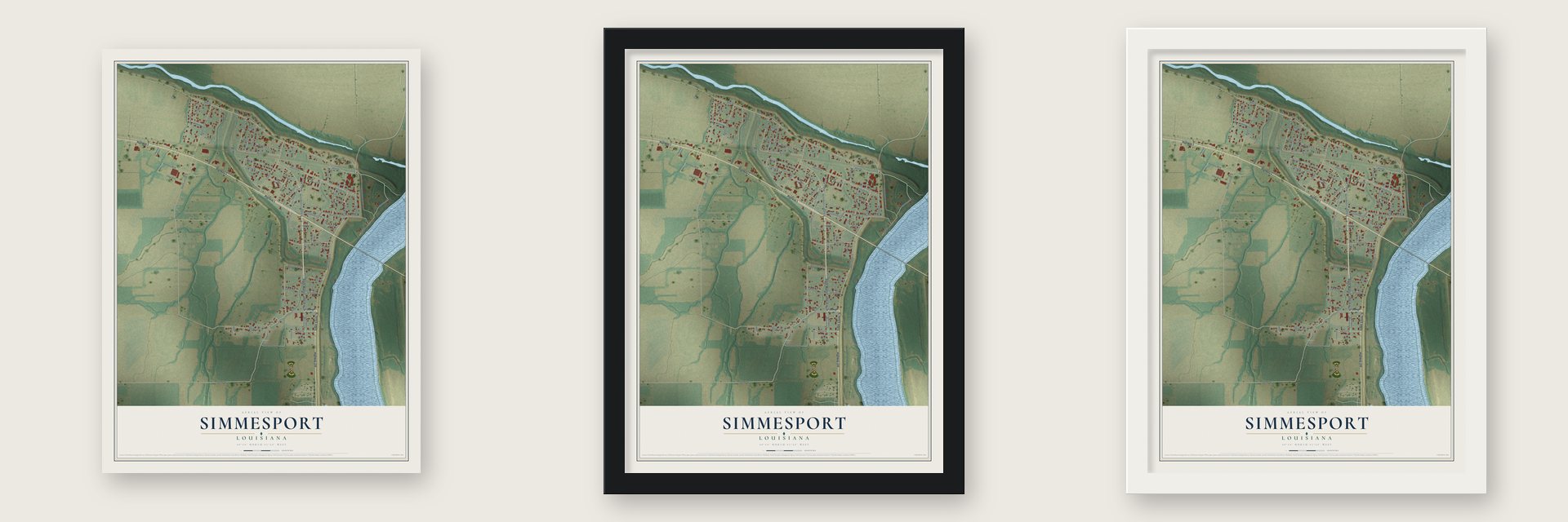 Simmesport, Louisiana map unframed, in a black wood frame and in a white wood frame