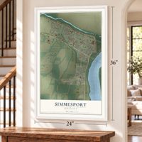 Simmesport, Louisiana map, 24 x 36 inch print in a white frame by a staircase