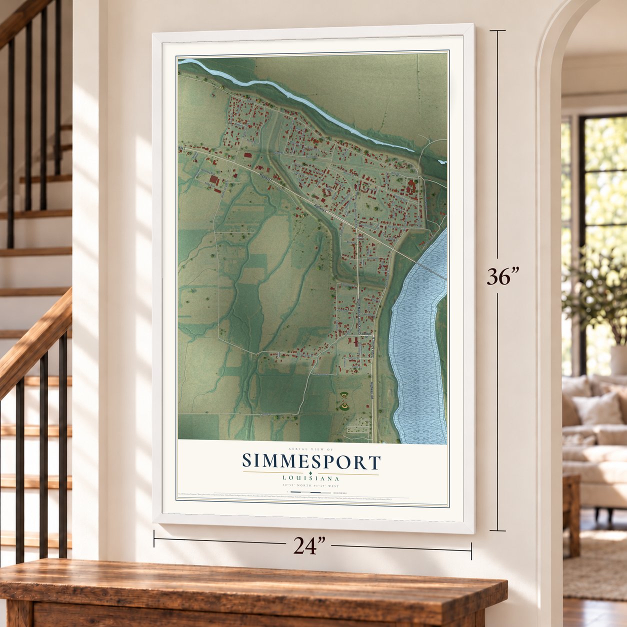 Simmesport, Louisiana map, 24 x 36 inch print in a white frame by a staircase