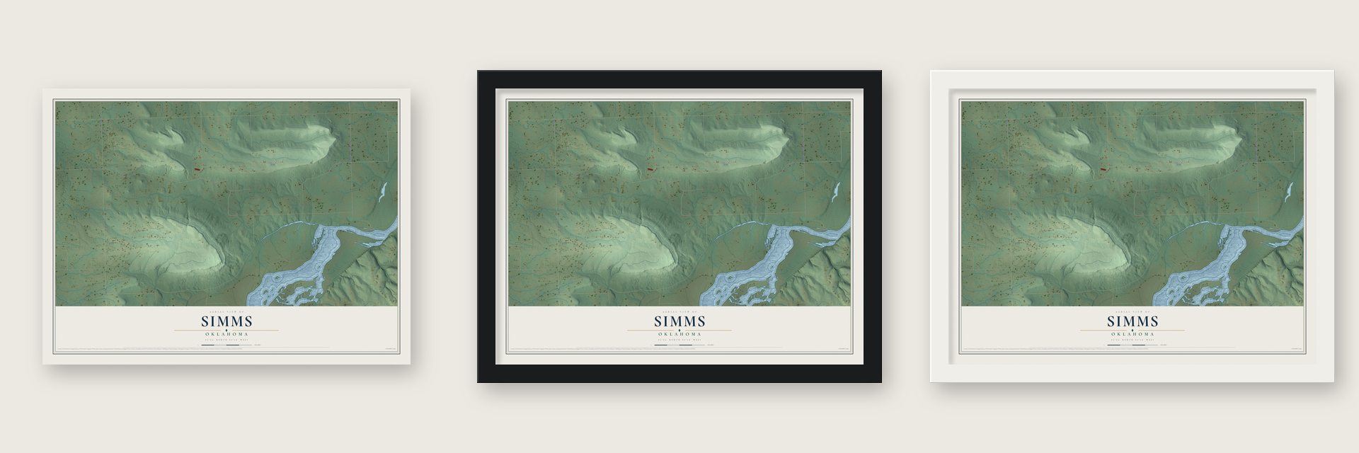 Simms, Oklahoma map unframed, in a black wood frame and in a white wood frame