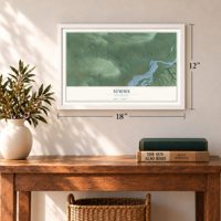 Simms, Oklahoma map, 12 x 18 inch print in a white frame in an entryway
