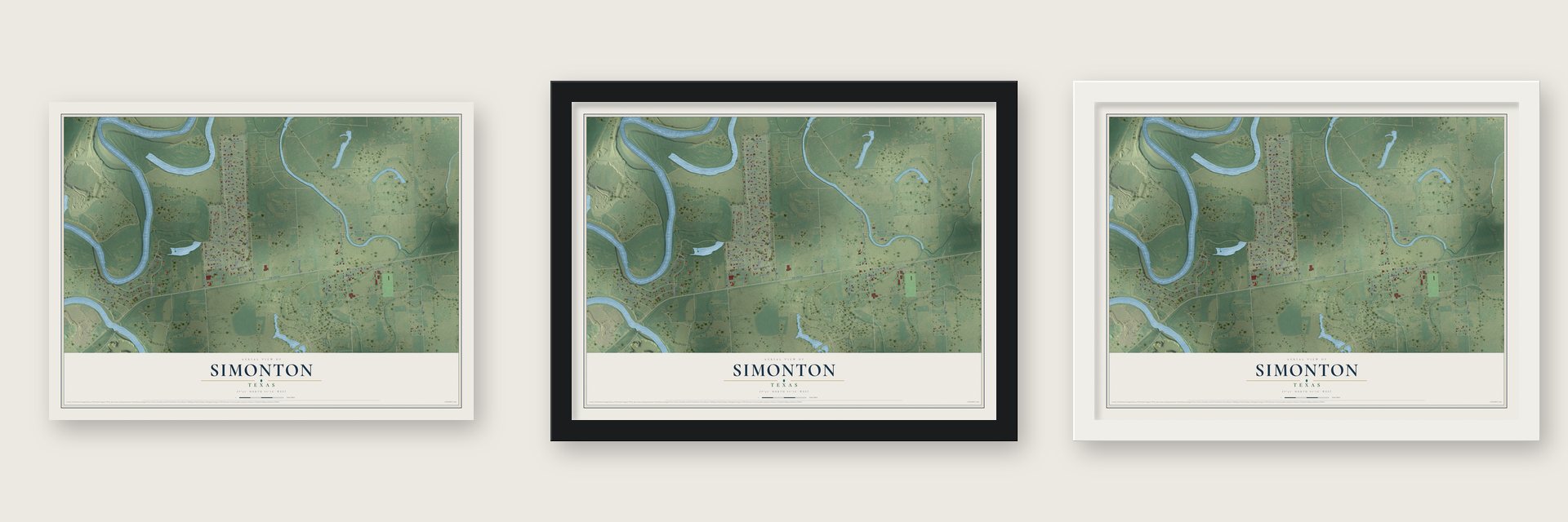 Simonton, Texas map unframed, in a black wood frame and in a white wood frame