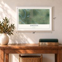 Simonton, Texas map, 12 x 18 inch print in a white frame in an entryway