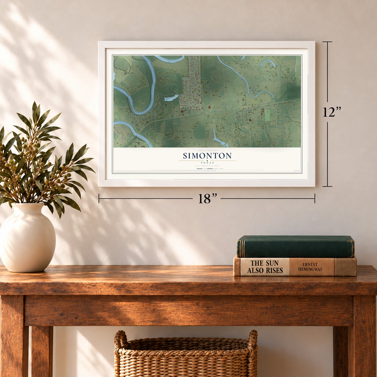 Simonton, Texas map, 12 x 18 inch print in a white frame in an entryway