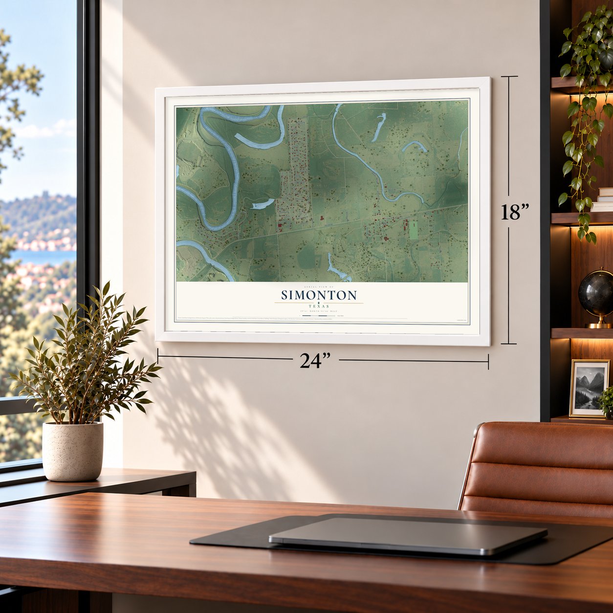 Simonton, Texas map, 18 x 24 inch print in a white frame in a home office