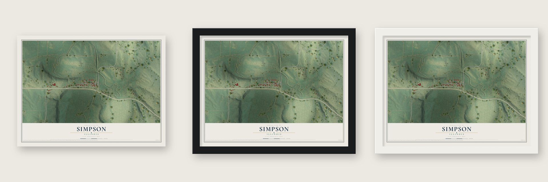 Simpson, Illinois map unframed, in a black wood frame and in a white wood frame