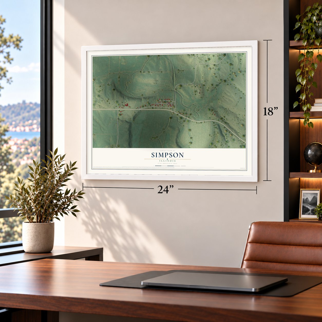 Simpson, Illinois map, 18 x 24 inch print in a white frame in a home office