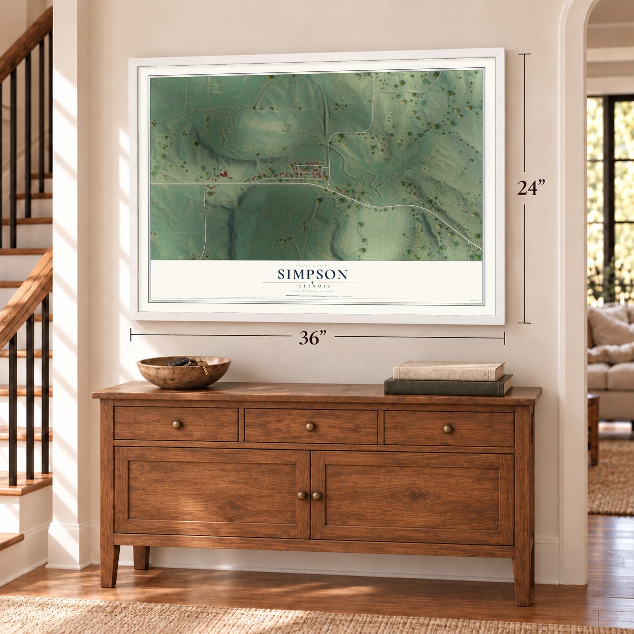 Simpson, Illinois map, 24 x 36 inch print in a white frame above a dresser by a staircase