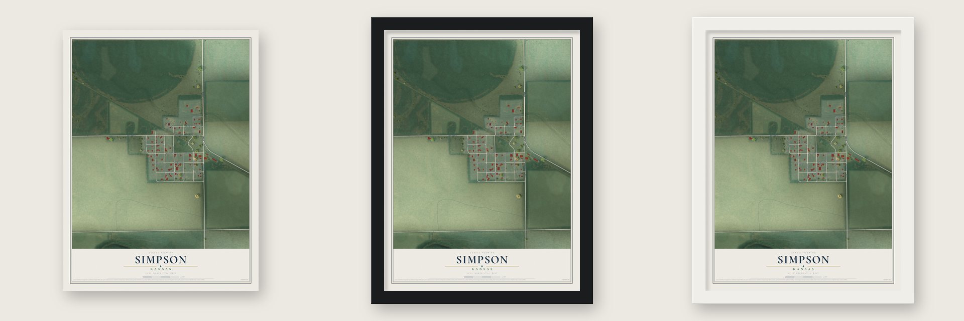 Simpson, Kansas map unframed, in a black wood frame and in a white wood frame