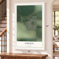 Simpson, Kansas map, 24 x 36 inch print in a white frame by a staircase