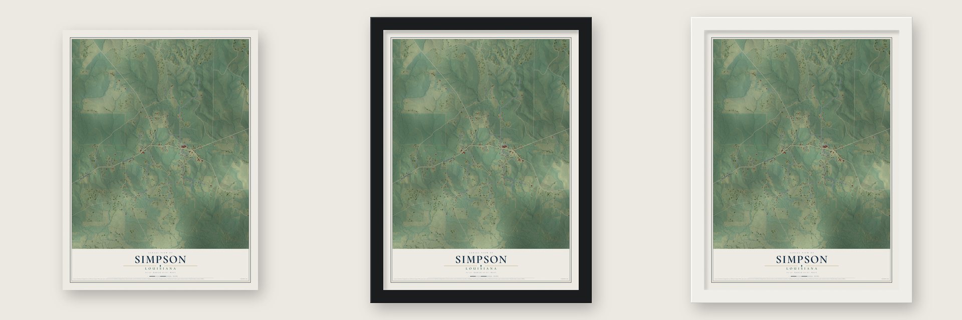 Simpson, Louisiana map unframed, in a black wood frame and in a white wood frame