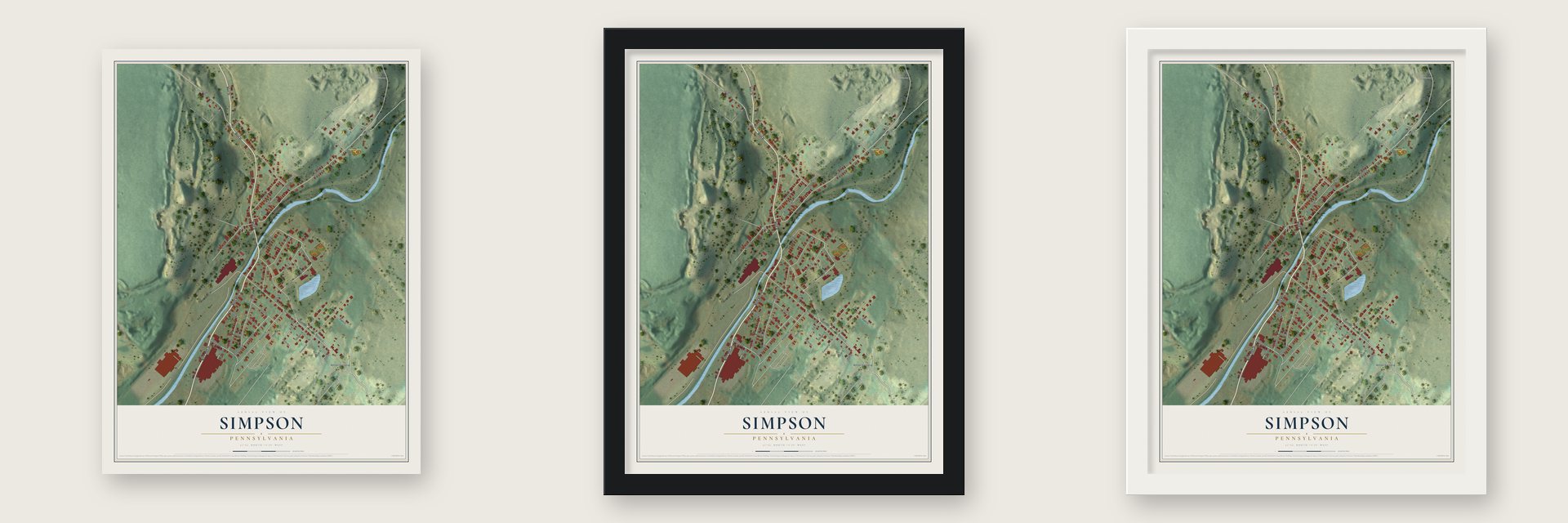 Simpson, Pennsylvania map unframed, in a black wood frame and in a white wood frame