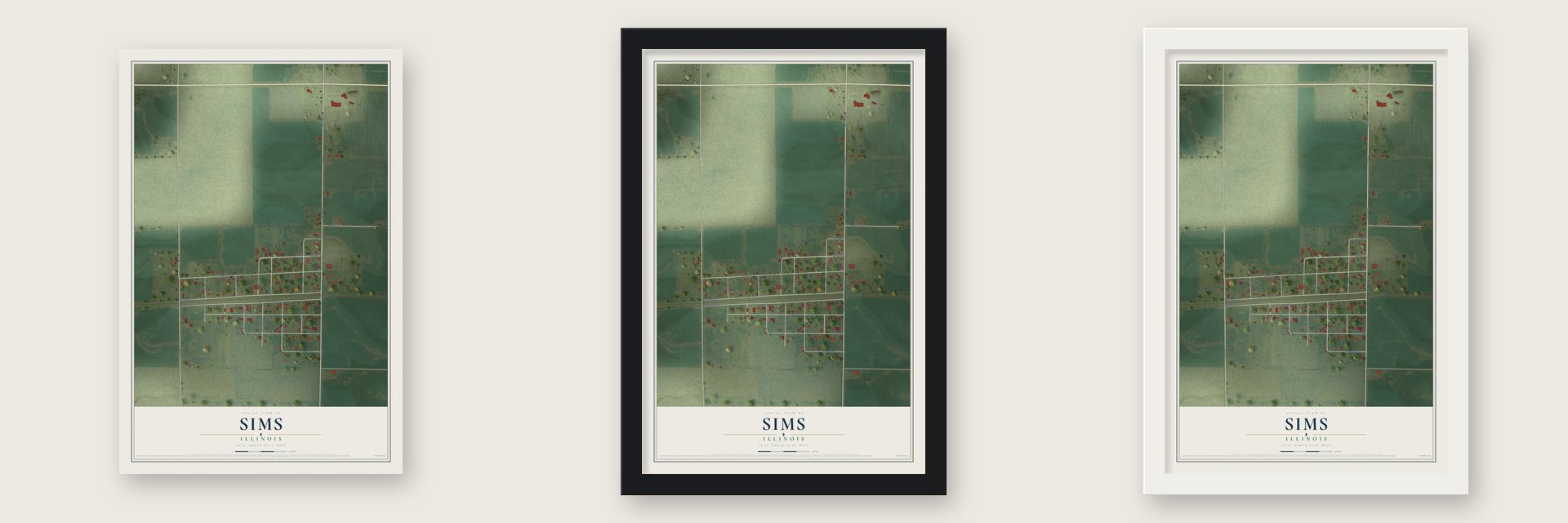 Sims, Illinois map unframed, in a black wood frame and in a white wood frame