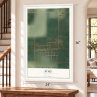 Sims, Illinois map, 24 x 36 inch print in a white frame by a staircase