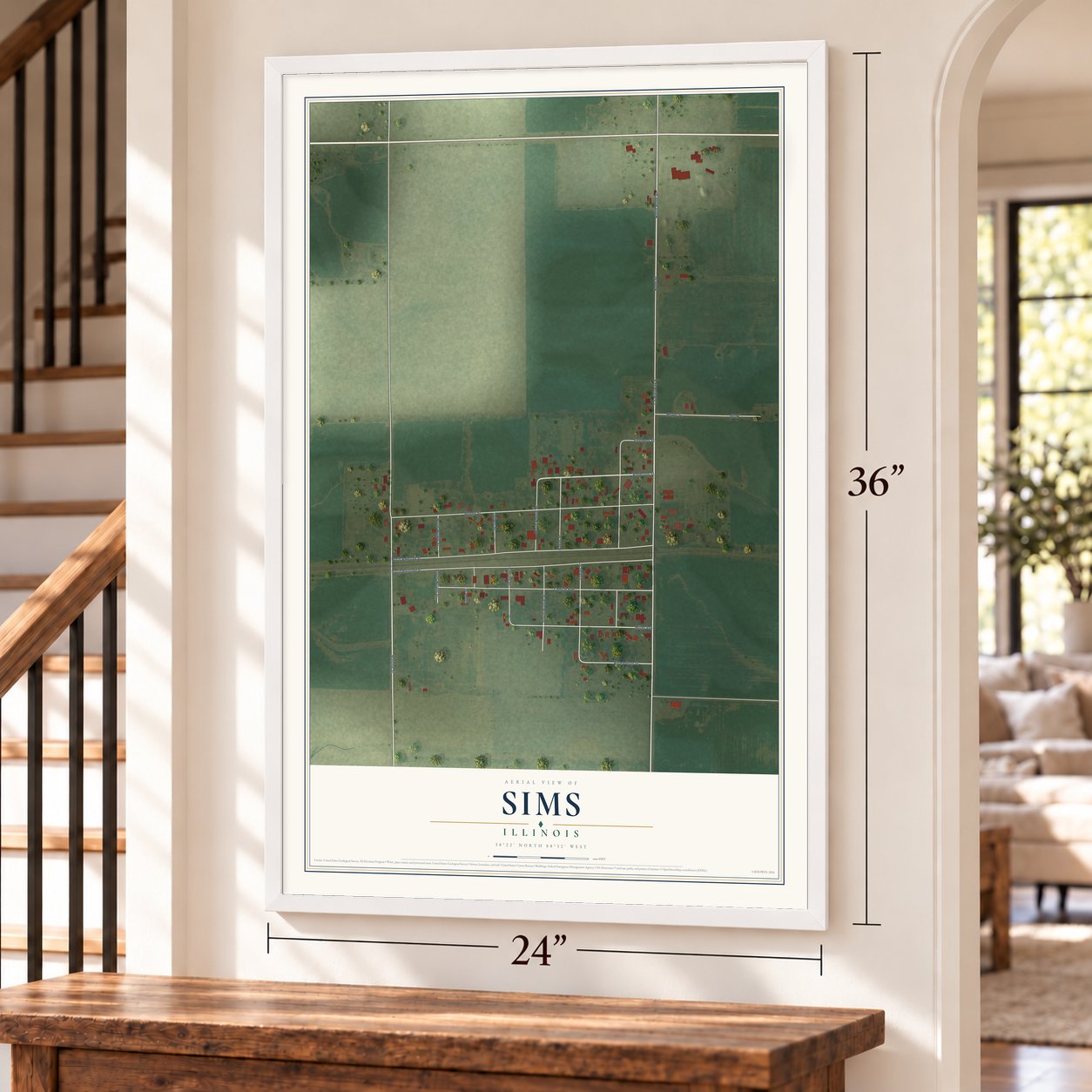 Sims, Illinois map, 24 x 36 inch print in a white frame by a staircase