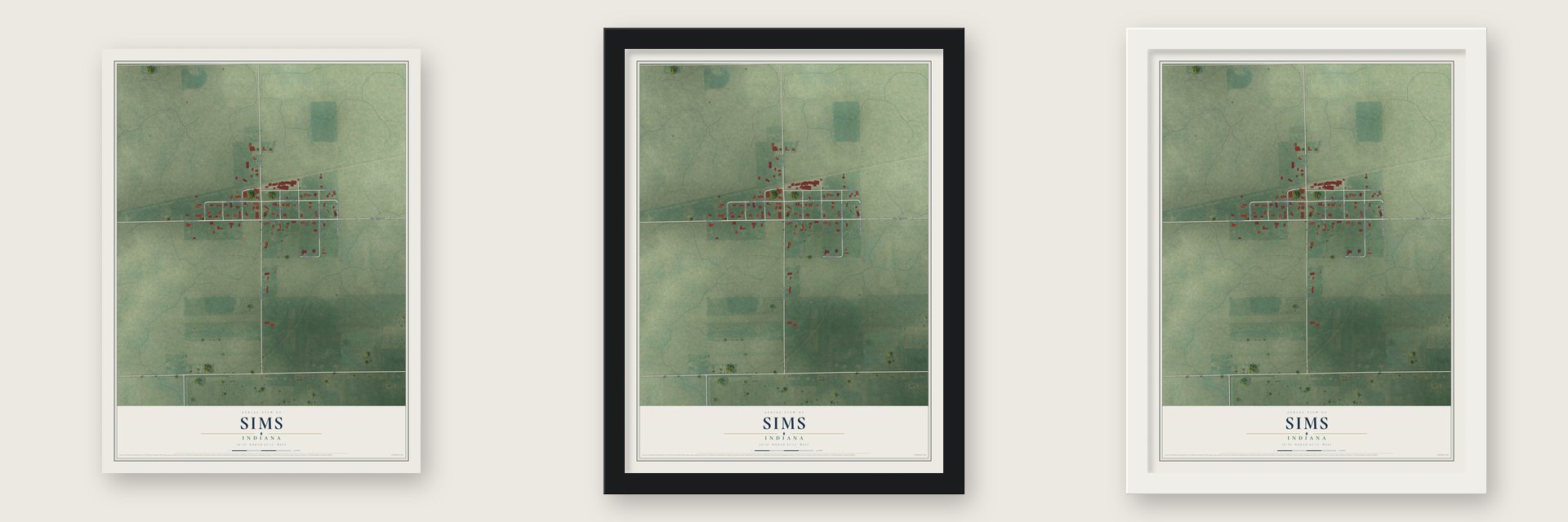 Sims, Indiana map unframed, in a black wood frame and in a white wood frame
