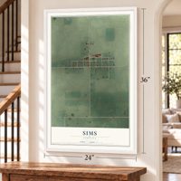 Sims, Indiana map, 24 x 36 inch print in a white frame by a staircase