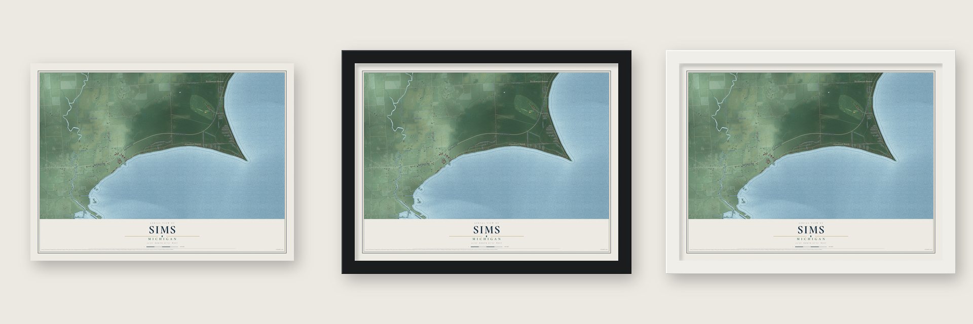 Sims, Michigan map unframed, in a black wood frame and in a white wood frame