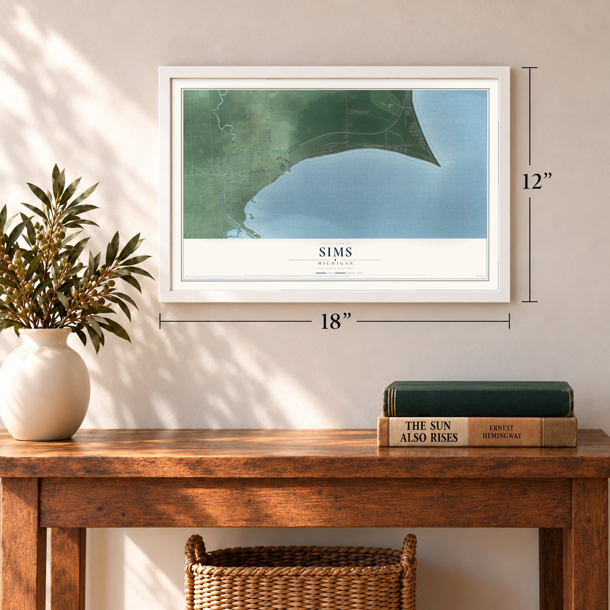Sims, Michigan map, 12 x 18 inch print in a white frame in an entryway