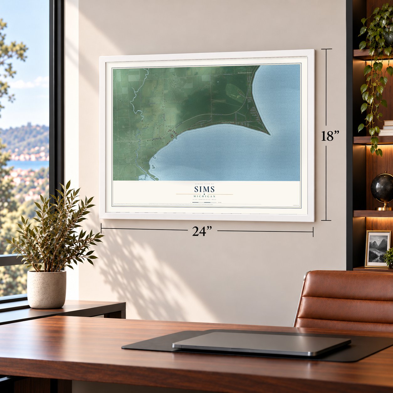Sims, Michigan map, 18 x 24 inch print in a white frame in a home office