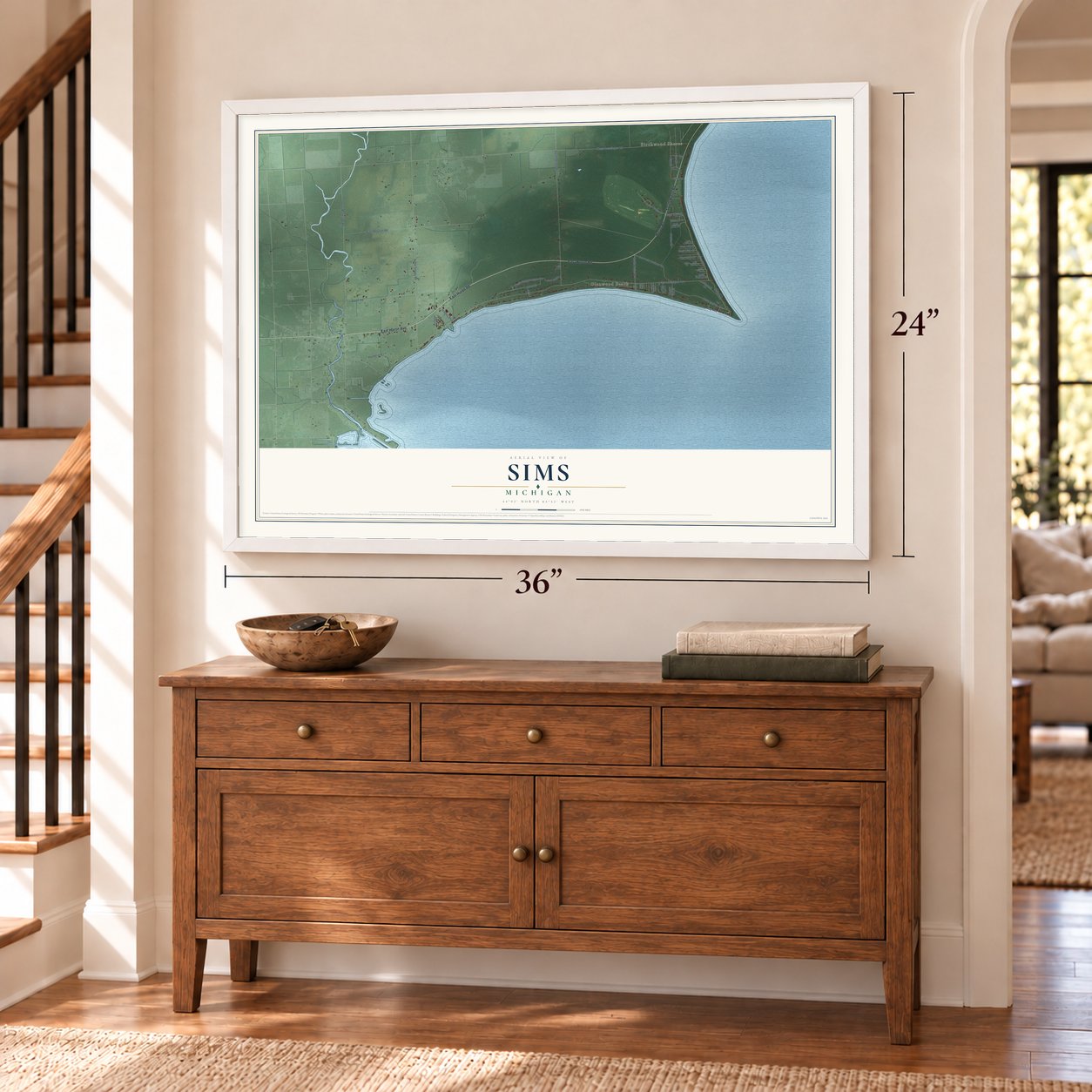 Sims, Michigan map, 24 x 36 inch print in a white frame above a dresser by a staircase