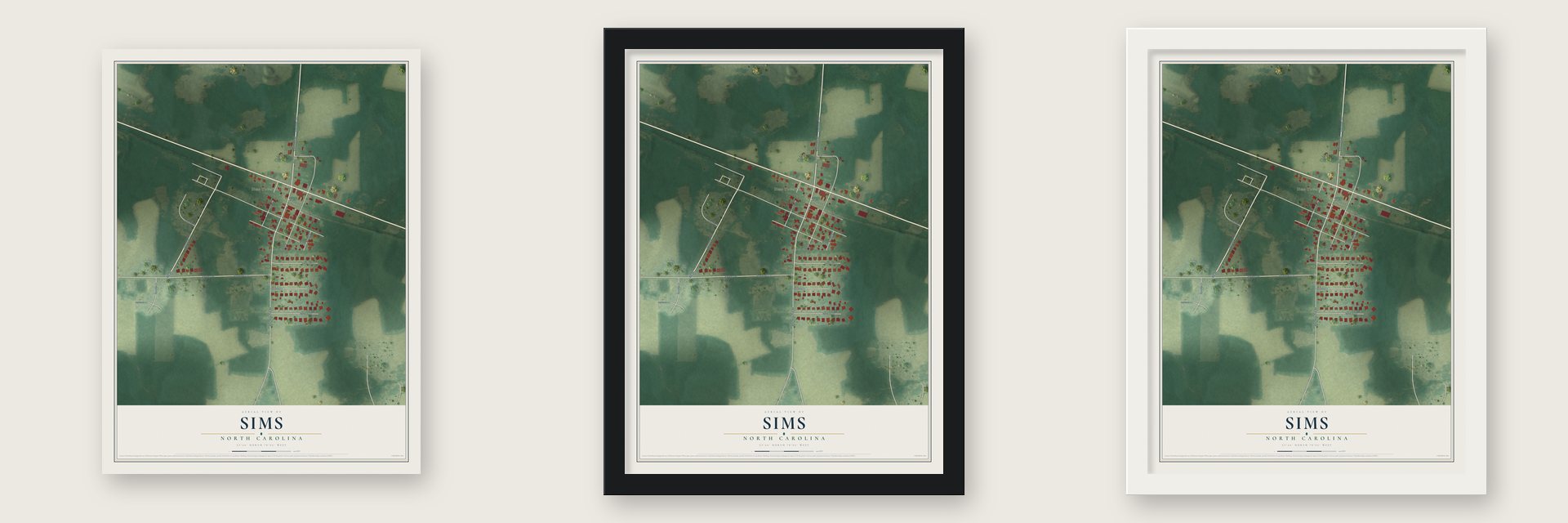 Sims, North Carolina map unframed, in a black wood frame and in a white wood frame