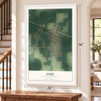 Sims, North Carolina map, 24 x 36 inch print in a white frame by a staircase
