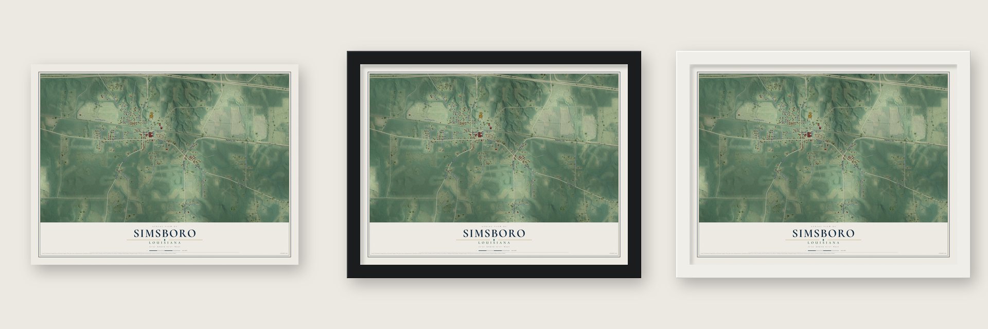 Simsboro, Louisiana map unframed, in a black wood frame and in a white wood frame