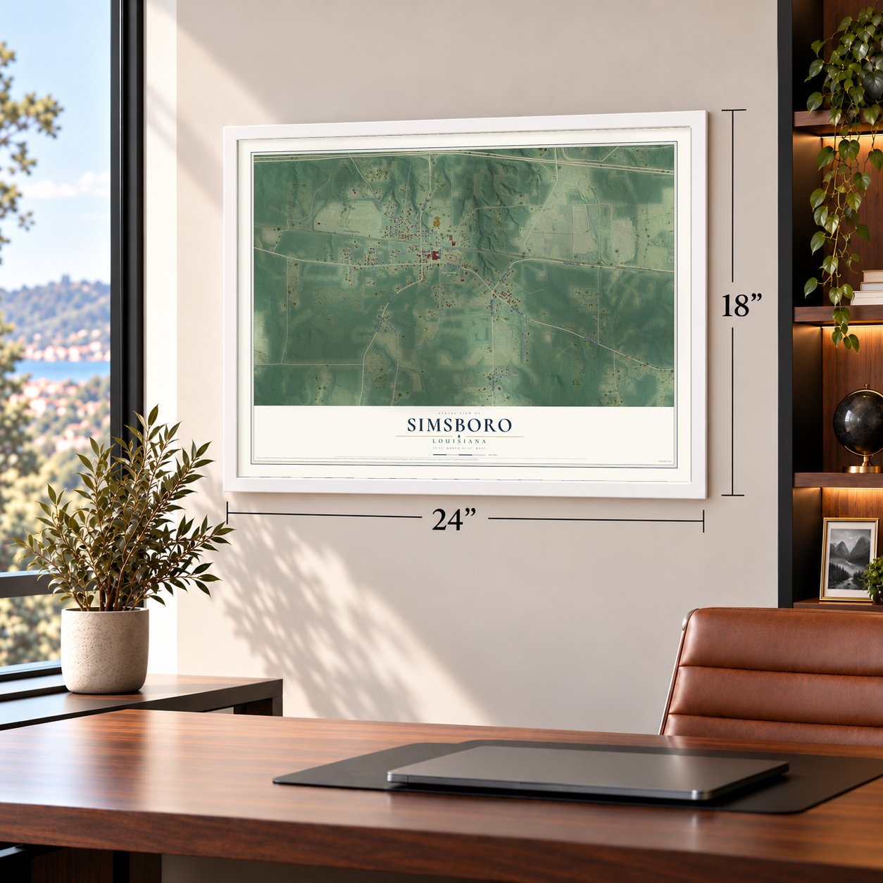 Simsboro, Louisiana map, 18 x 24 inch print in a white frame in a home office