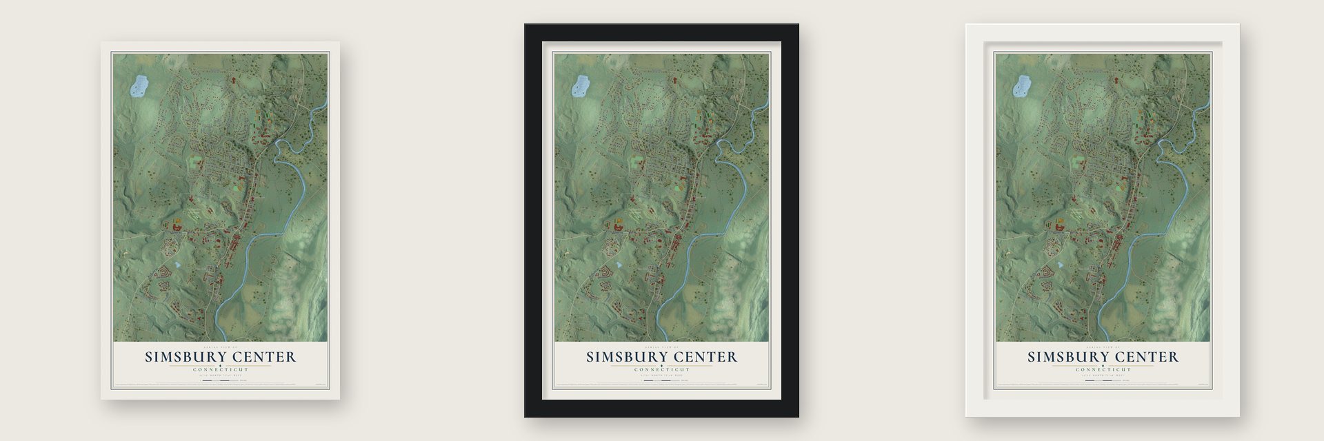 Simsbury Center, Connecticut map unframed, in a black wood frame and in a white wood frame