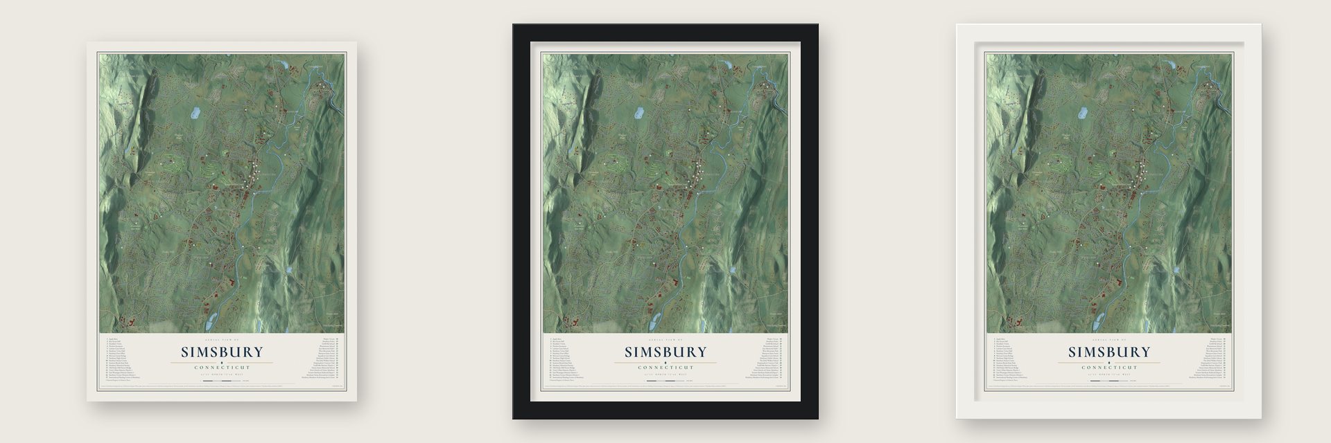 Simsbury, Connecticut map unframed, in a black wood frame and in a white wood frame