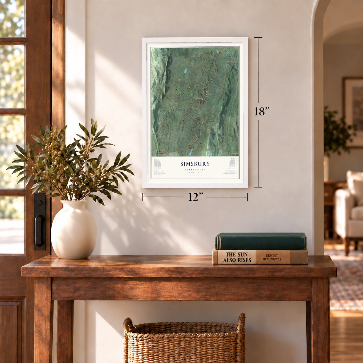 Simsbury, Connecticut map, 12 x 18 inch print in a white frame in an entryway
