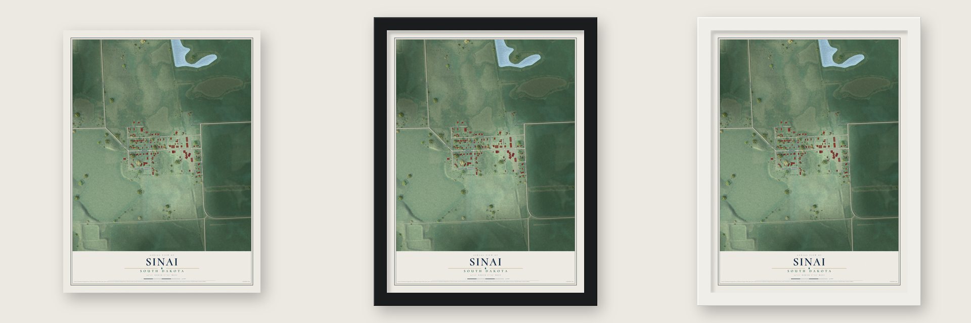 Sinai, South Dakota map unframed, in a black wood frame and in a white wood frame