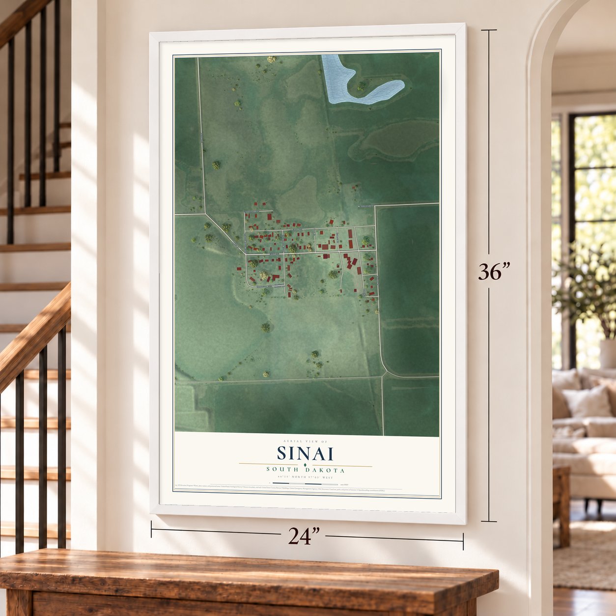 Sinai, South Dakota map, 24 x 36 inch print in a white frame by a staircase