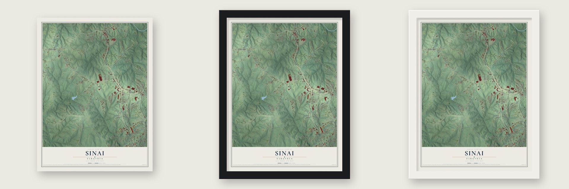Sinai, Virginia map unframed, in a black wood frame and in a white wood frame
