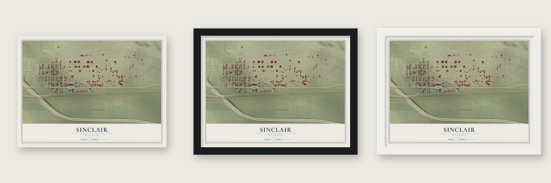 Sinclair, Wyoming map unframed, in a black wood frame and in a white wood frame