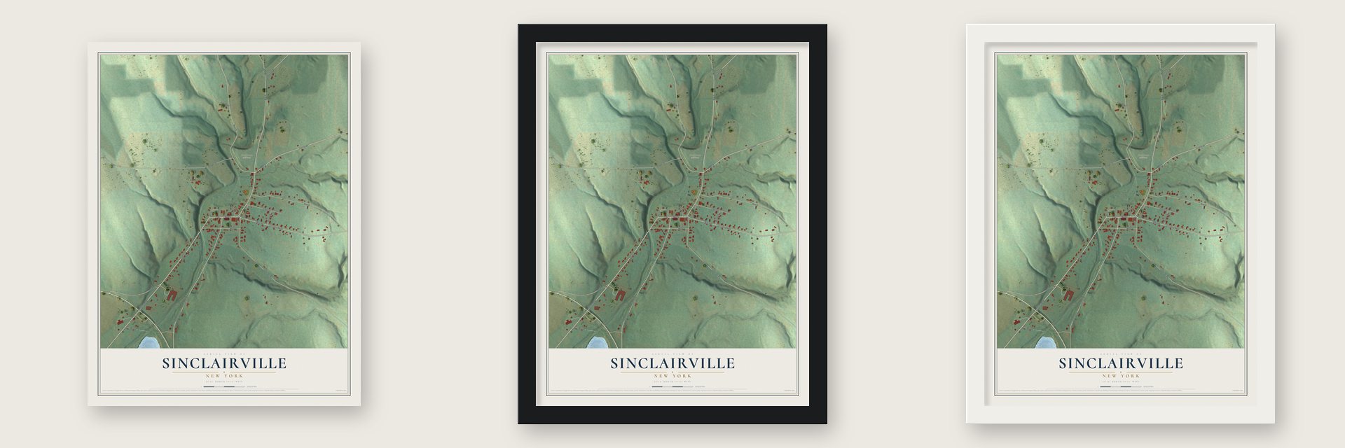 Sinclairville, New York map unframed, in a black wood frame and in a white wood frame