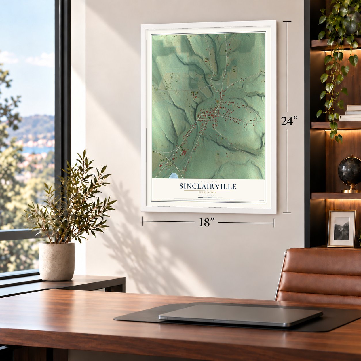 Sinclairville, New York map, 18 x 24 inch print in a white frame in a home office
