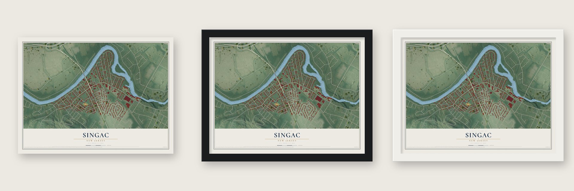 Singac, New Jersey map unframed, in a black wood frame and in a white wood frame