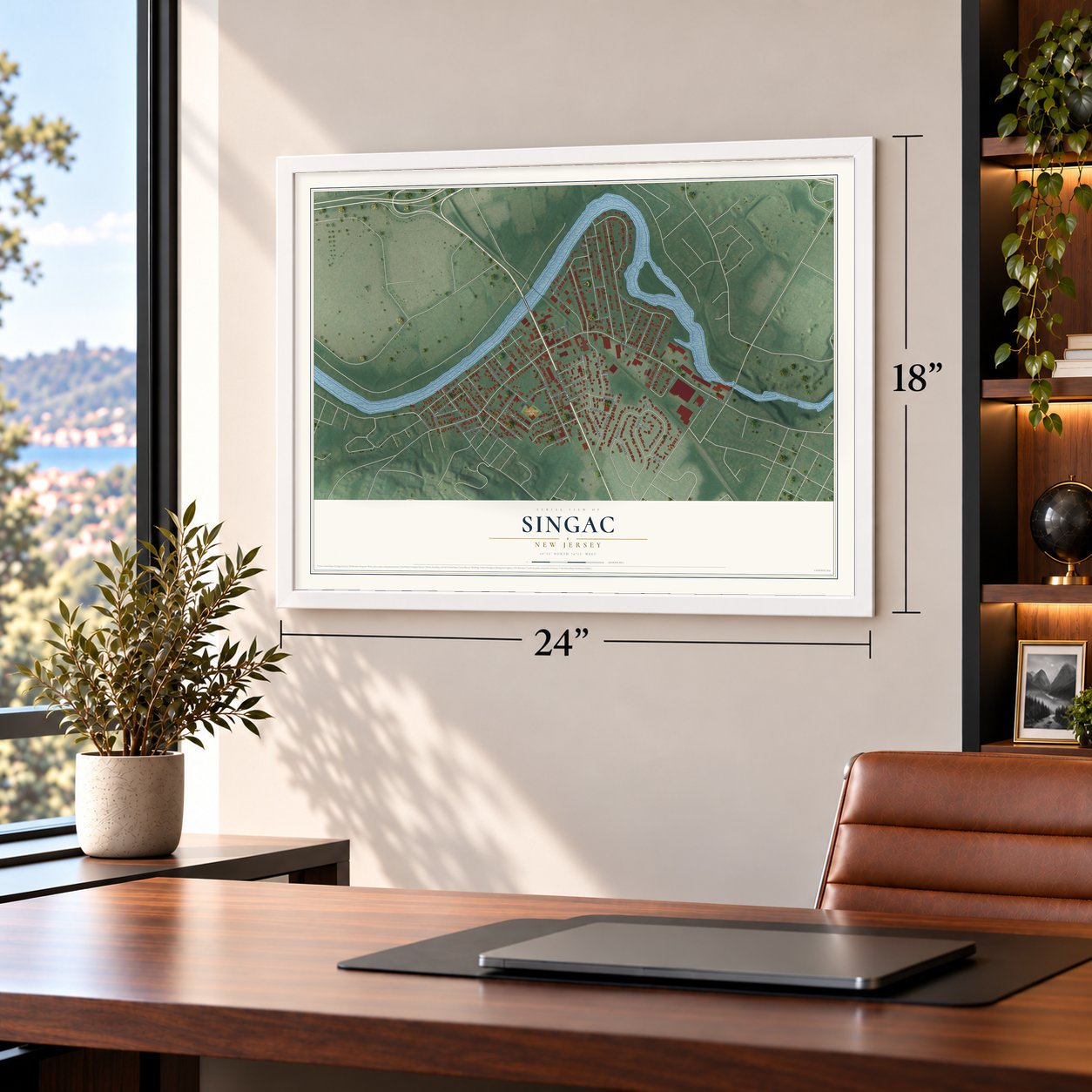 Singac, New Jersey map, 18 x 24 inch print in a white frame in a home office