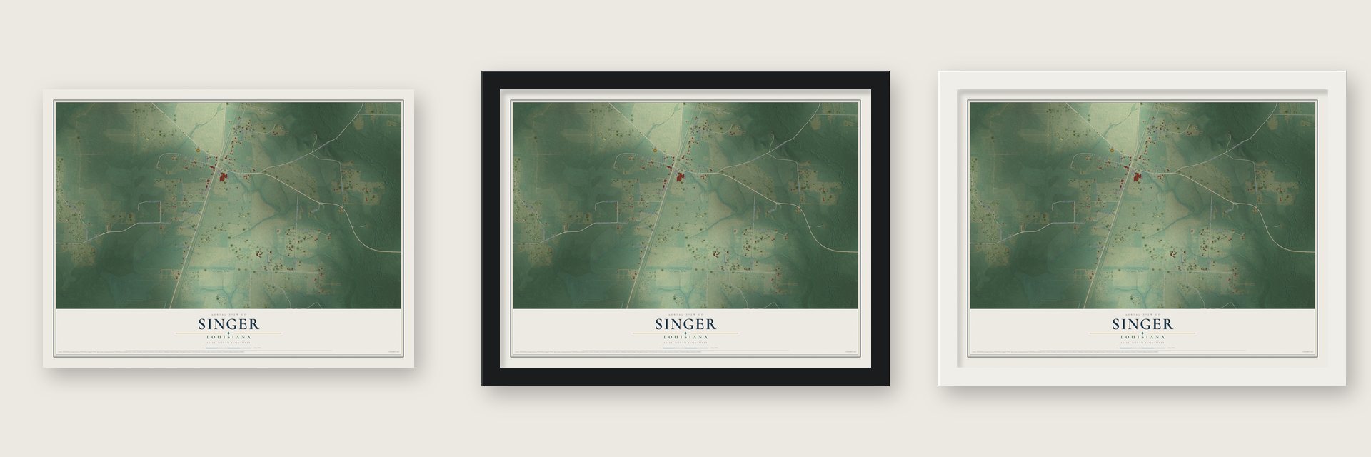 Singer, Louisiana map unframed, in a black wood frame and in a white wood frame
