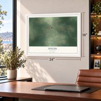 Singer, Louisiana map, 18 x 24 inch print in a white frame in a home office