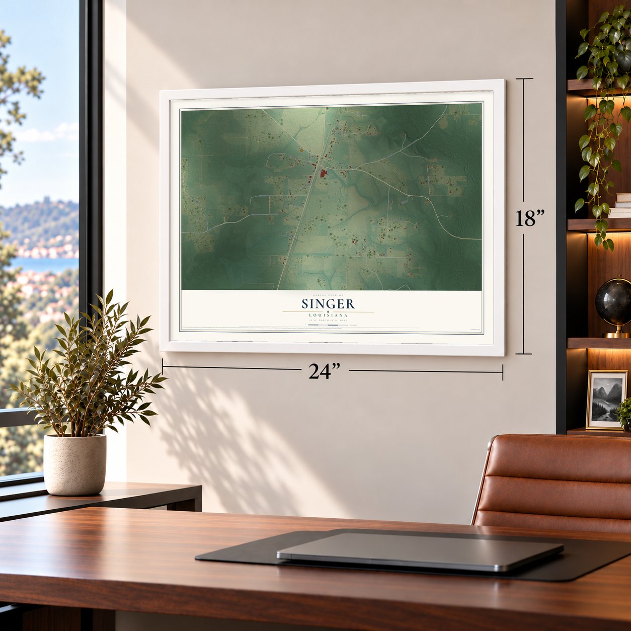 Singer, Louisiana map, 18 x 24 inch print in a white frame in a home office