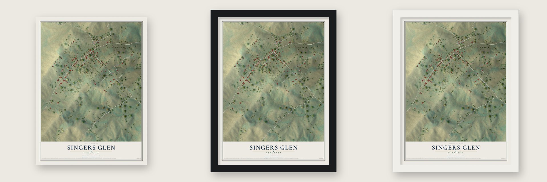 Singers Glen, Virginia map unframed, in a black wood frame and in a white wood frame