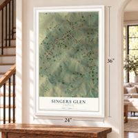 Singers Glen, Virginia map, 24 x 36 inch print in a white frame by a staircase