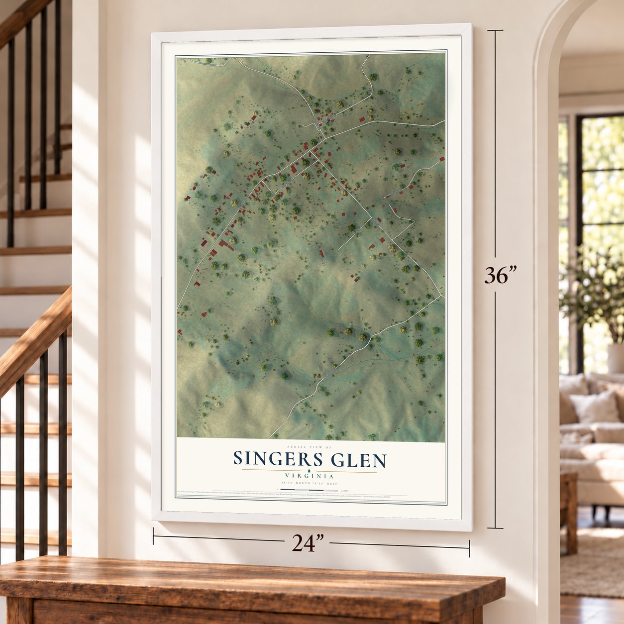 Singers Glen, Virginia map, 24 x 36 inch print in a white frame by a staircase