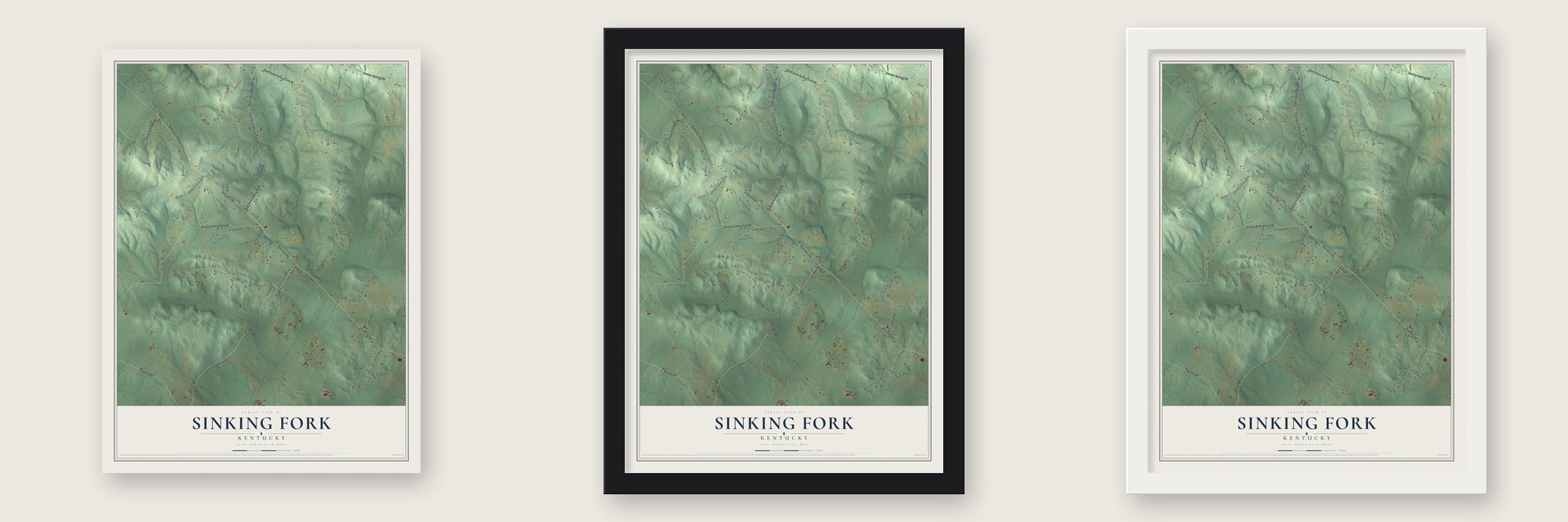Sinking Fork, Kentucky map unframed, in a black wood frame and in a white wood frame