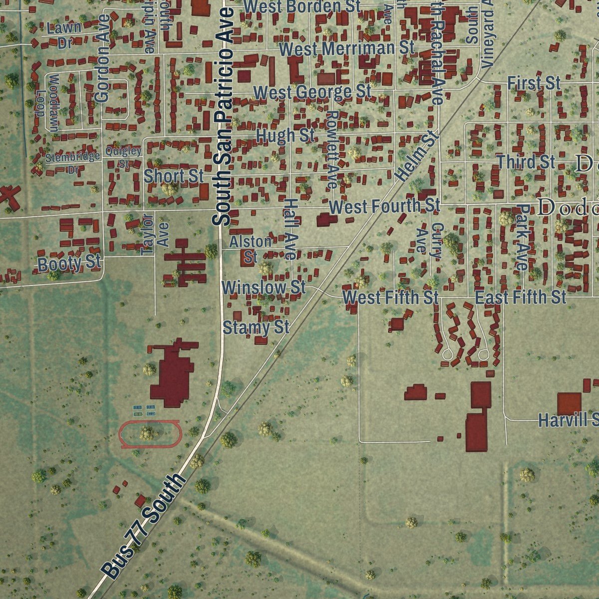 Second close-up of the map of Sinton, Texas print showing more streets and buildings