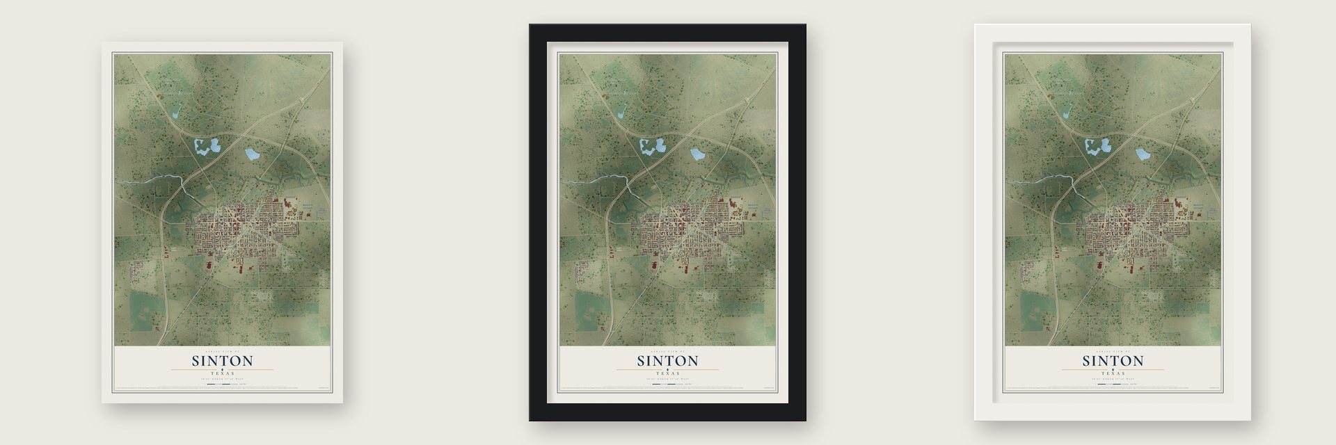 Sinton, Texas map unframed, in a black wood frame and in a white wood frame